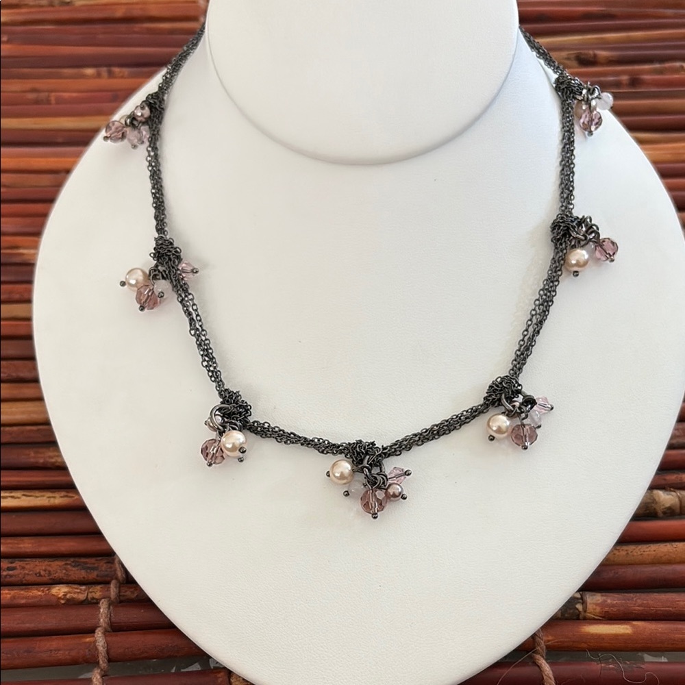 Talbots Faux Pink Pearls and Crystal Cluster Long Chain Necklace